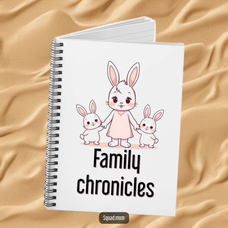 Funny Notebook: A bunny mom character holding hands with two small bunnies, ready to record your family memories.