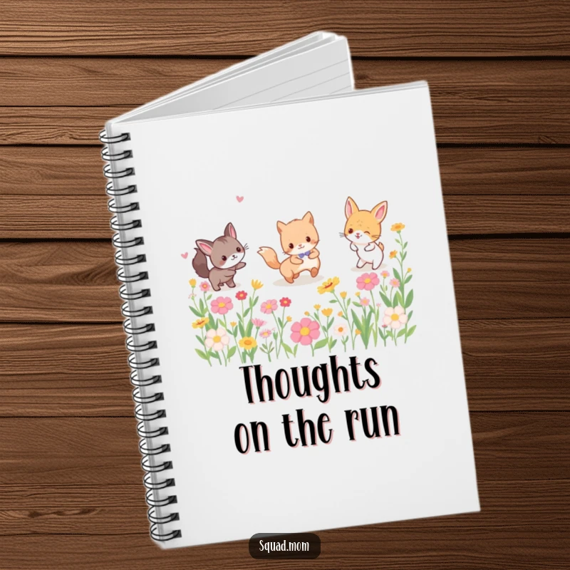 Funny notebook cover with animal friends playing tag amongst blooming flowers, symbolizing creativity, playfulness, and good times.