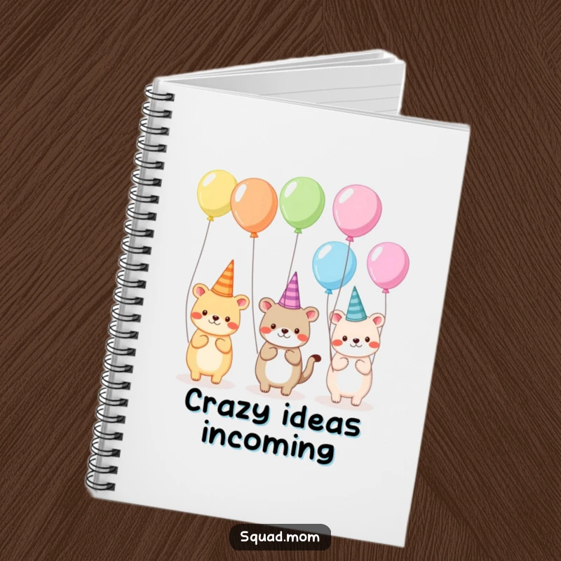 Funny notebook cover featuring a whimsical collection of animal friends wearing silly hats and holding balloons, perfect for planning fun events.