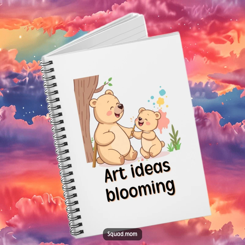 Funny bear mom and cub notebook with them giggling while painting a mural, perfect for jotting down notes with a humorous, artistic touch.