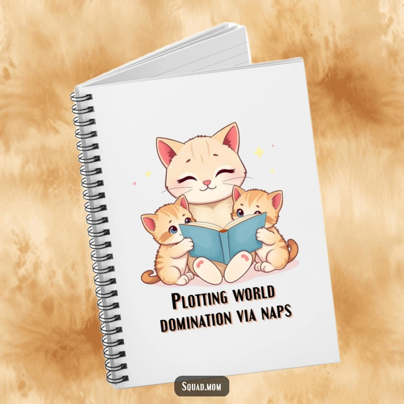 Funny cat mom reading a bedtime story to her wide-eyed kittens, featured on a notebook cover, ideal for writing and drawing.