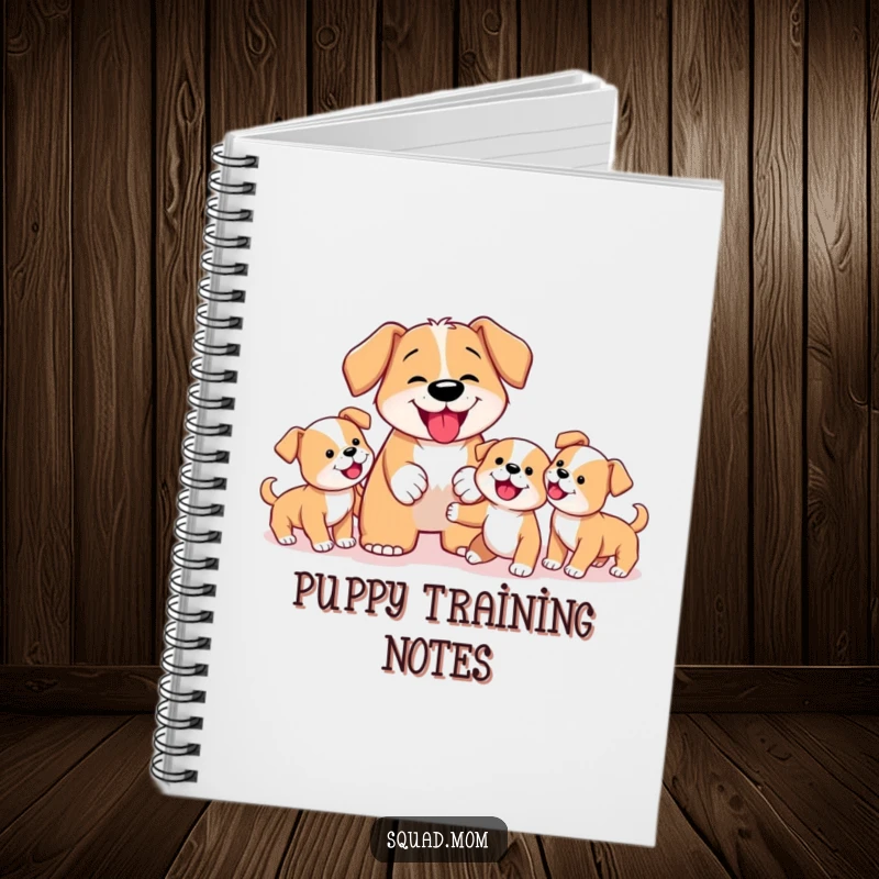 Funny Dog Mom Notebook with a determined mother dog instructing her puppies on fetching, perfect for jotting notes with a humorous touch.