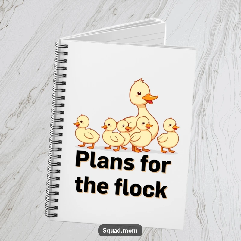 Funny notebook with a mother duck leading her ducklings in a row, perfect for jotting down notes with a humorous, family-friendly theme.