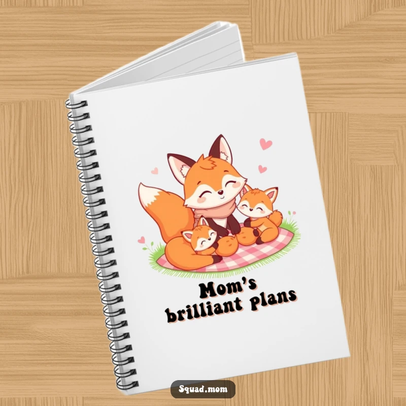Funny Fox Mom and kits notebook featuring a happy picnic scene, ideal for jotting down family memories and plans.