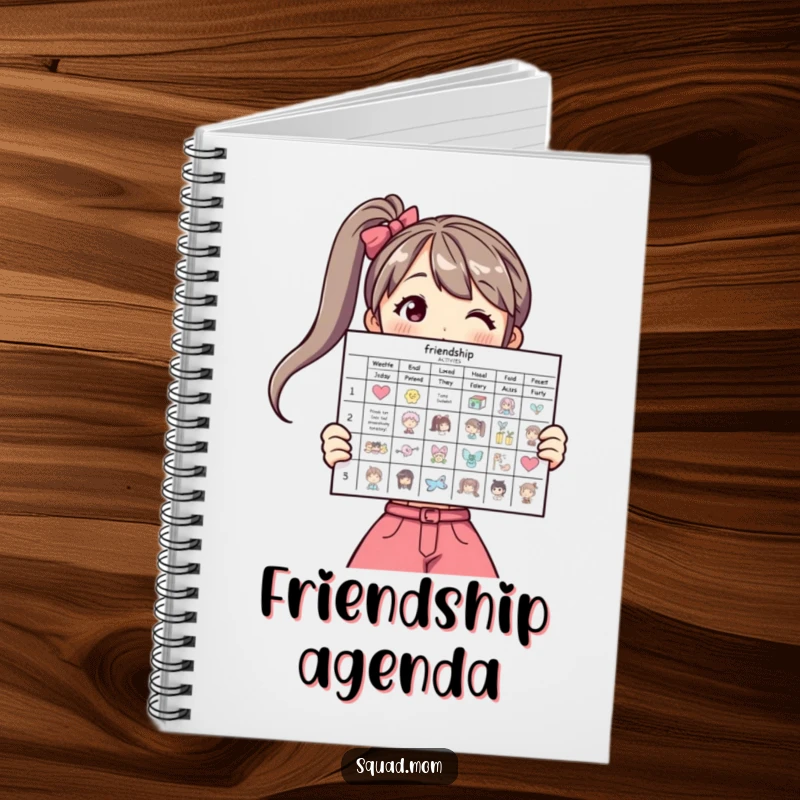 Funny notebook featuring a woman displaying a friendship activity chart, ideal for notes and plans.