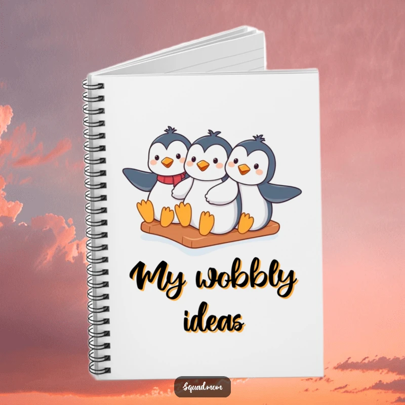 Funny penguin moms sliding down an icy hill together, featured on a notebook cover, ideal for writing and drawing.