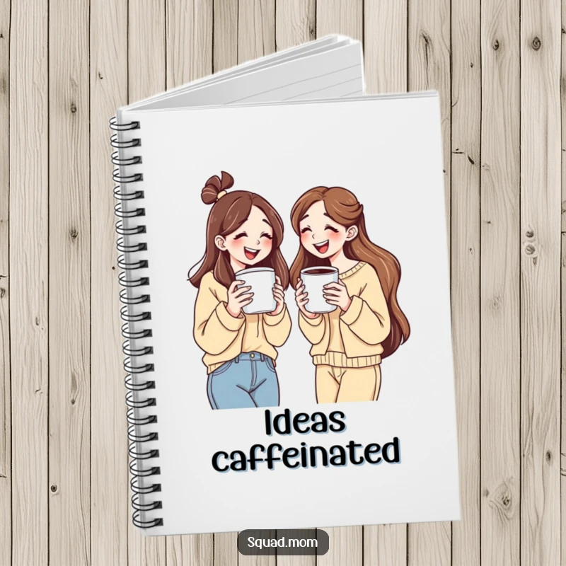 Funny notebook cover with two women holding large coffee cups, sharing a laugh, ready for notes.
