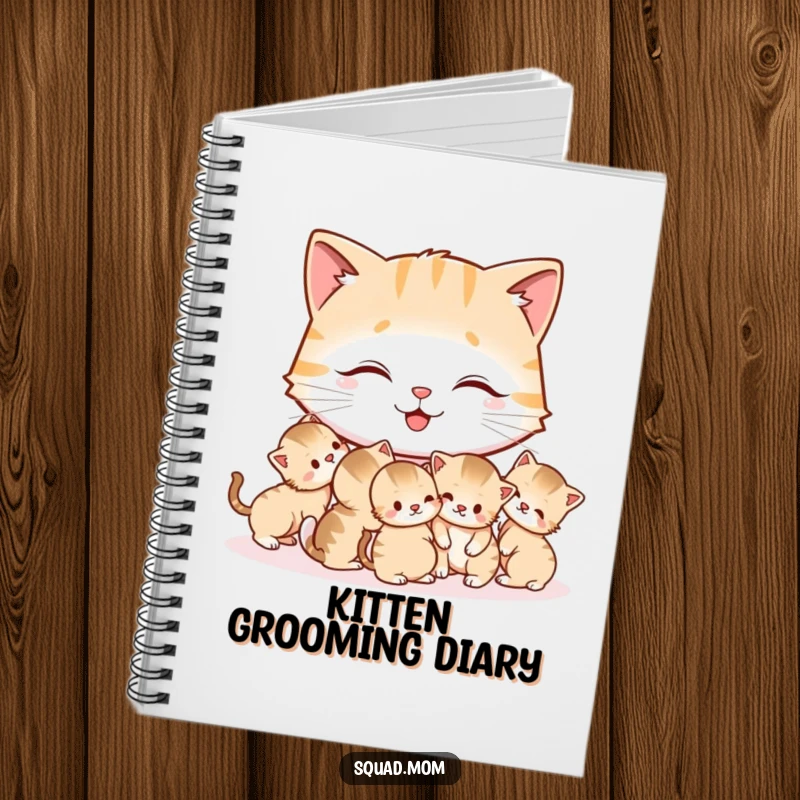 Funny Cat Mom Notebook with a happy mother cat grooming her tiny kittens, perfect for jotting notes with a humorous feline touch.