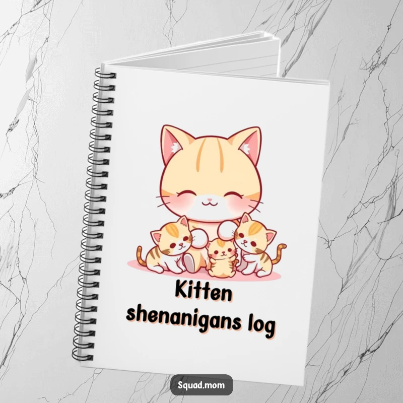 Funny cat mom playing with her kittens, a cute notebook for jotting down ideas and notes.