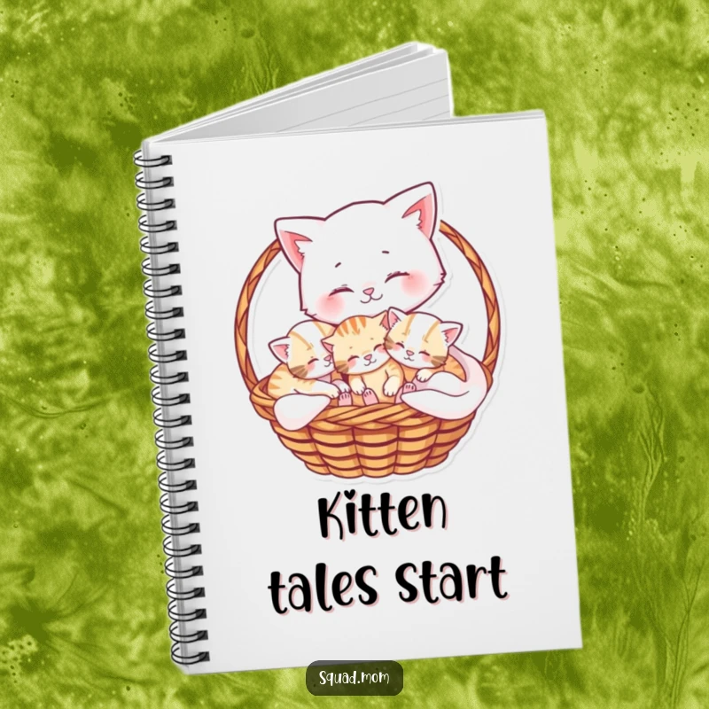 Funny notebook cover featuring a loving mama cat cuddling her playful kittens in a basket, ideal for journaling sweet moments.