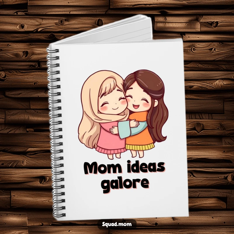 A notebook cover illustrating two mom friends sharing a comforting hug, ideal for journaling mom-related thoughts and funny anecdotes.