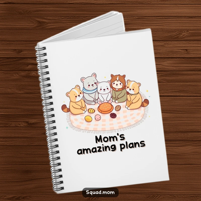 Funny notebook, cute animal moms sharing a picnic blanket, perfect for jotting down humorous maternal thoughts.