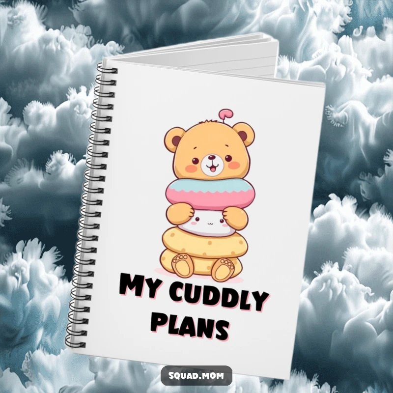 Funny cheerful bear cub balancing a stack of soft toys, a humorous notebook for capturing creative thoughts.