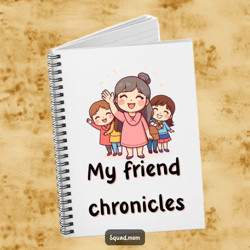 Funny notebook with a mom friend waving cheerfully to friends, perfect for note-taking with friendly humor, a great funny gift.