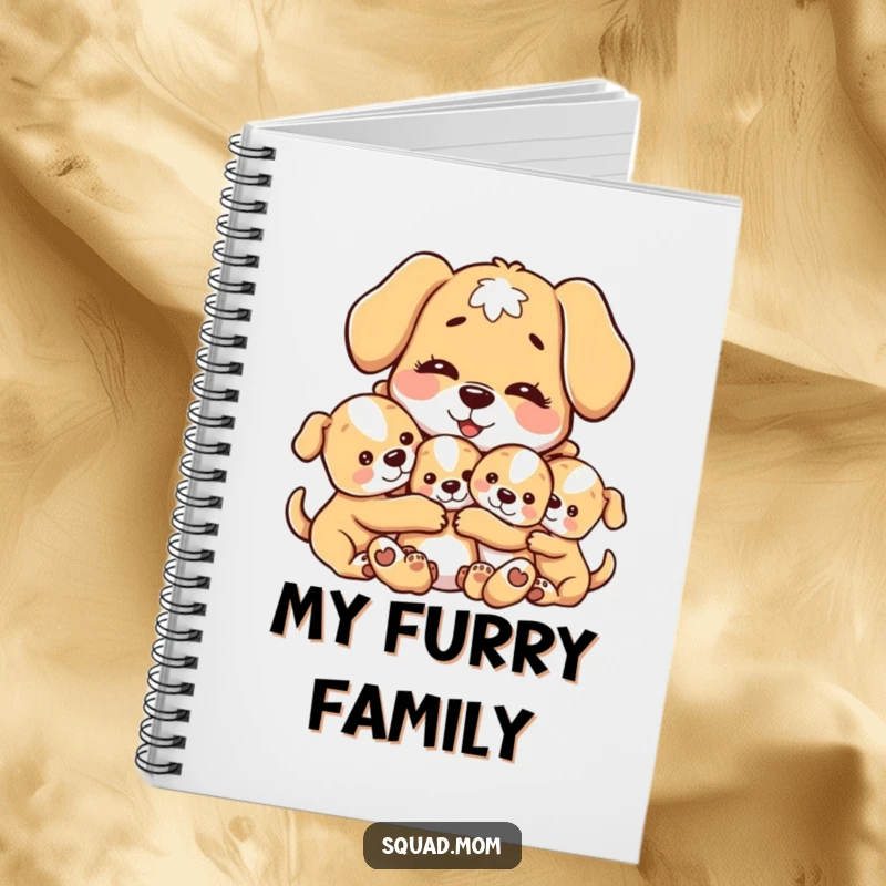 Funny notebook cover design featuring a motherly dog character affectionately hugging her puppies, perfect for jotting down sweet memories.