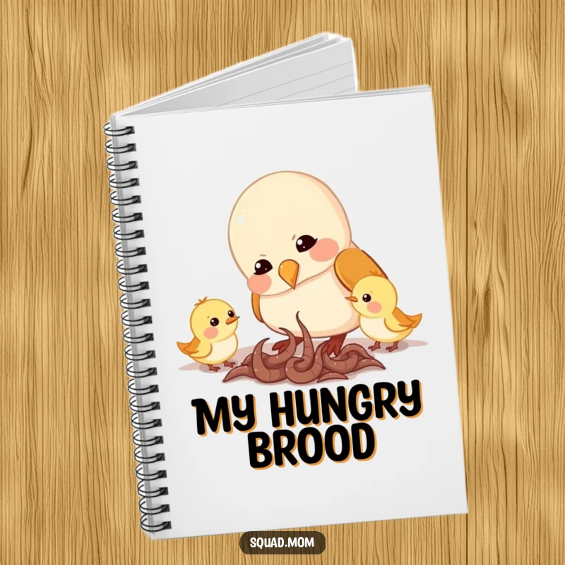Funny notebook cover featuring a mama bird character feeding worms to her chirping little ones, perfect for jotting down notes on care and love.