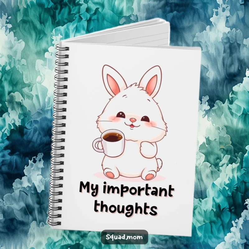 Funny fluffy bunny wiggling its nose and holding a tiny coffee cup, a humorous notebook for capturing creative thoughts.