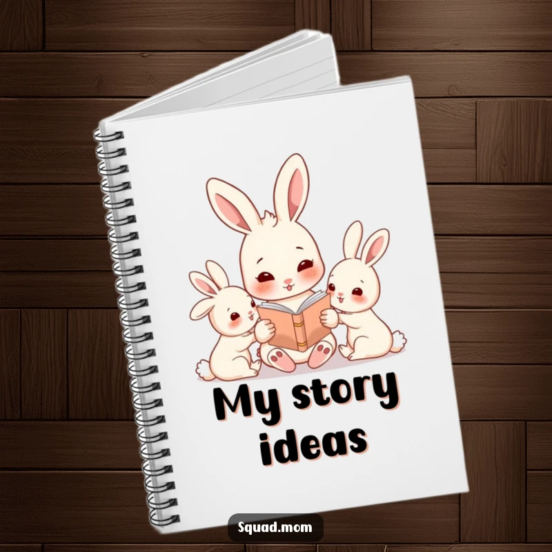 Funny rabbit mom character reading a story to her babies, a cute notebook for journaling and notes.