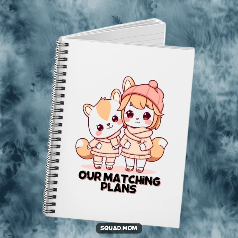 Funny Kawaii mom friend animal character wearing matching outfits with her child on the cover of a notebook, for matching duos.