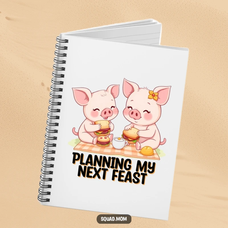 Funny notebook cover showing a mother piglet and baby having a picnic with tiny sandwiches, great for humorous notes.