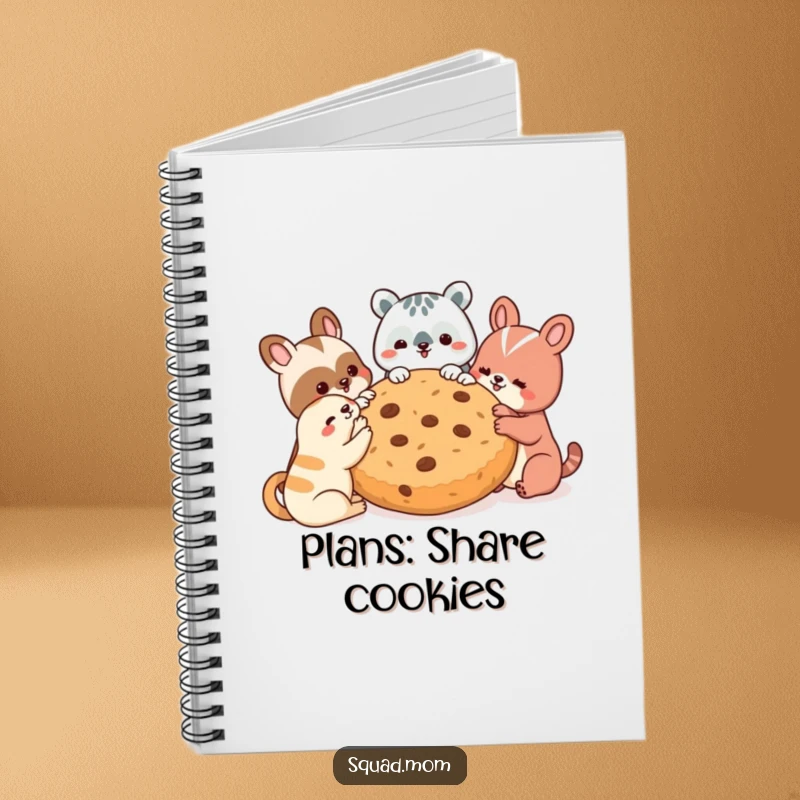 Funny notebook cover featuring a delightful scene of animal friends sharing a huge cookie, inspiring creativity and laughter.
