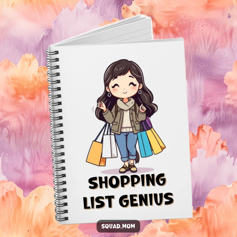 Funny notebook with a mom friend carrying multiple shopping bags, perfect for note-taking with shopping-themed humor, a great funny gift.