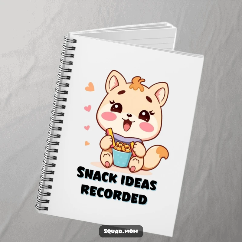 Funny Kawaii mom friend animal character offering snacks on the cover of a notebook, ideal for note-taking.