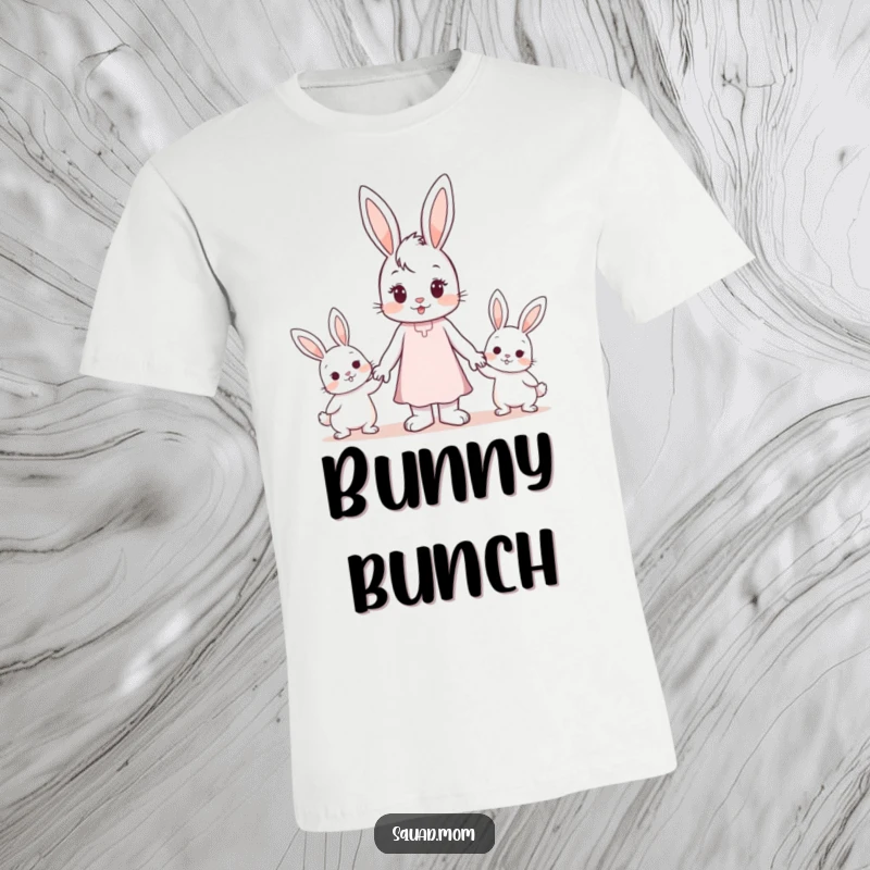 Funny Unisex T-Shirt: A sweet bunny mom character walking hand-in-paw with two small, cute bunny children.