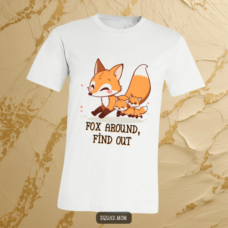 Funny illustration of a mother fox and her kits engaged in a joyous, playful chase on a t-shirt.