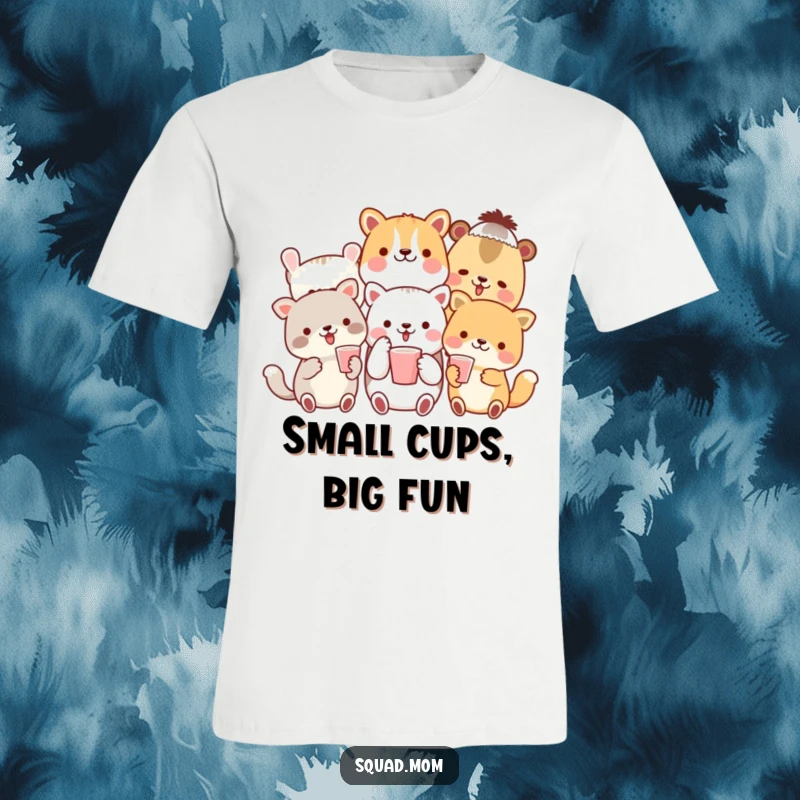 Funny t-shirt illustrating a lively group of animal friends toasting with tiny cups, radiating happiness and camaraderie.