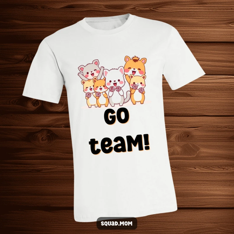 Funny T-shirt showing a lively group of animal pals energetically cheering with miniature pom-poms, embodying pure excitement and camaraderie.
