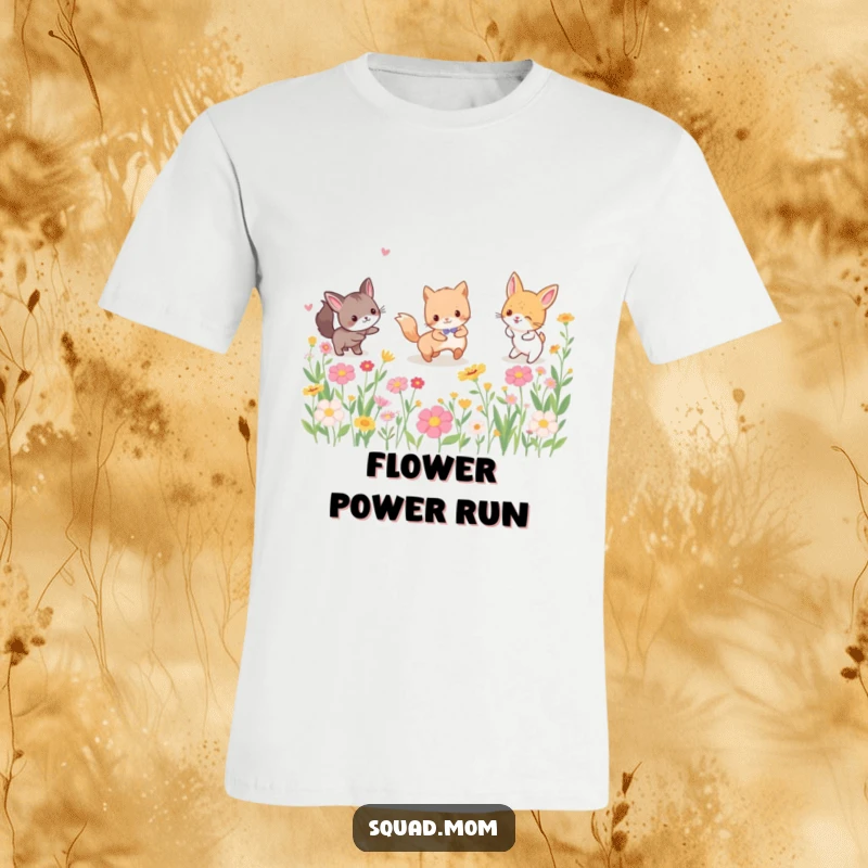 Funny T-shirt depicting a group of energetic animal friends joyfully playing tag amidst a field of vibrant, blooming flowers, embodying pure fun.