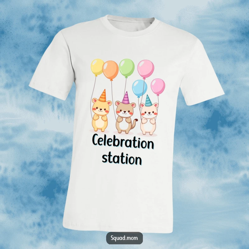Funny t-shirt depicting a lively ensemble of animal friends sporting silly hats and holding balloons, exuding pure party joy.