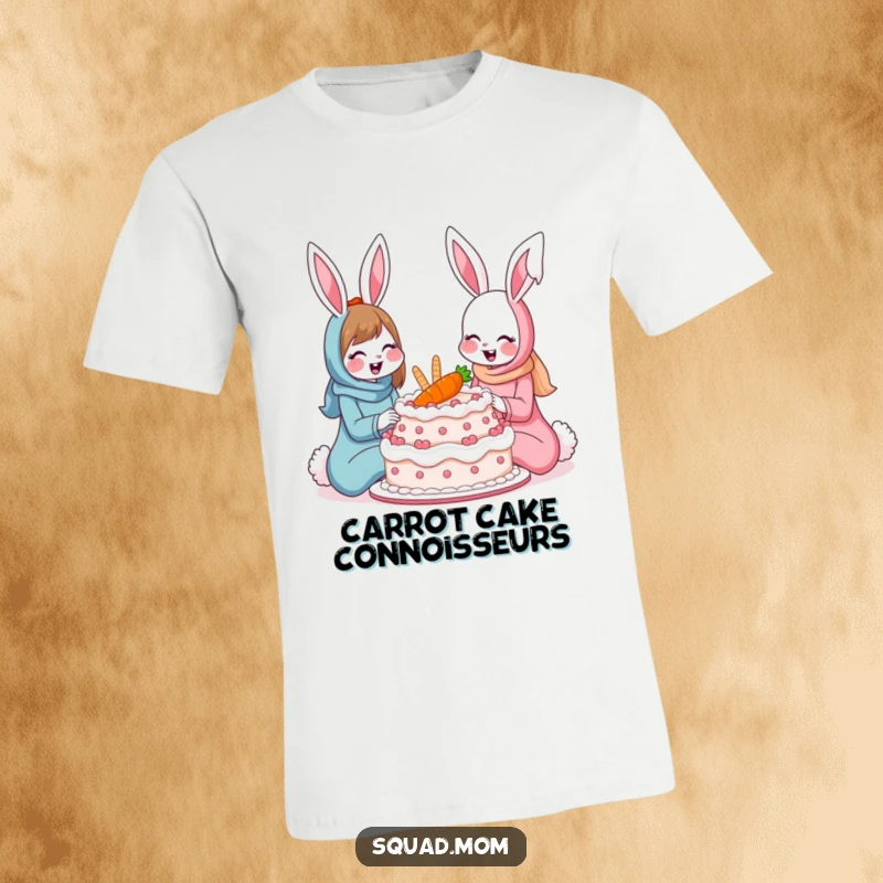 Funny bunny moms t-shirt depicting two smiling rabbits sharing a giant carrot cake, ideal for celebrating maternal bonds and baking.