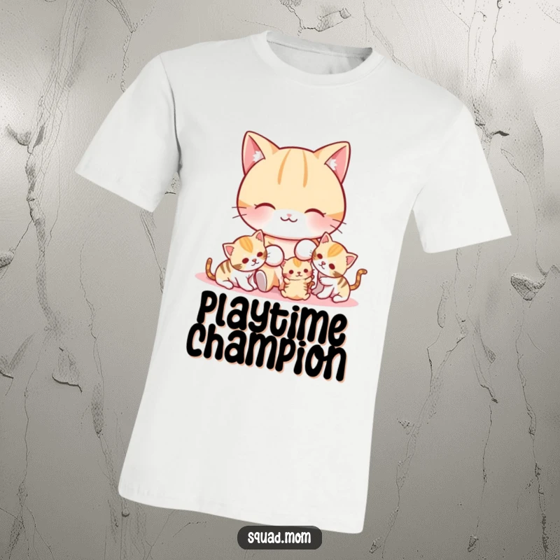 Funny cat mom character actively playing with her curious kittens, featured on a comfortable t-shirt.