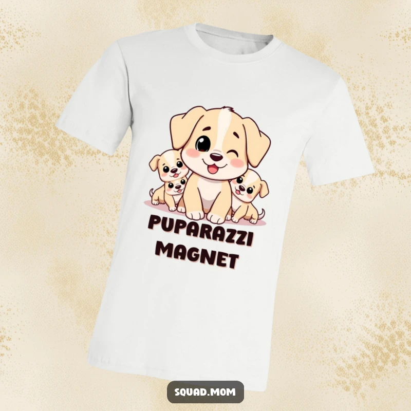 Funny t-shirt illustrating a happy dog mom character being cuddled by numerous small, energetic puppies. Hilarious and cute.