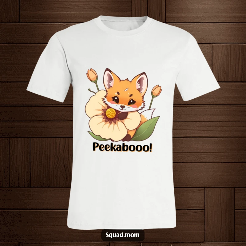 Funny Fox Cub T-Shirt: A cute, playful fox cub peeks playfully from behind a large, vibrant flower.