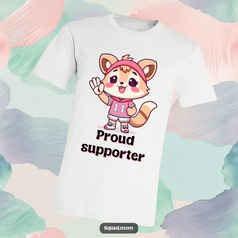 Funny Kawaii Mom Friend T-Shirt: An energetic animal character cheers with excitement for a miniature athlete, showing strong support.