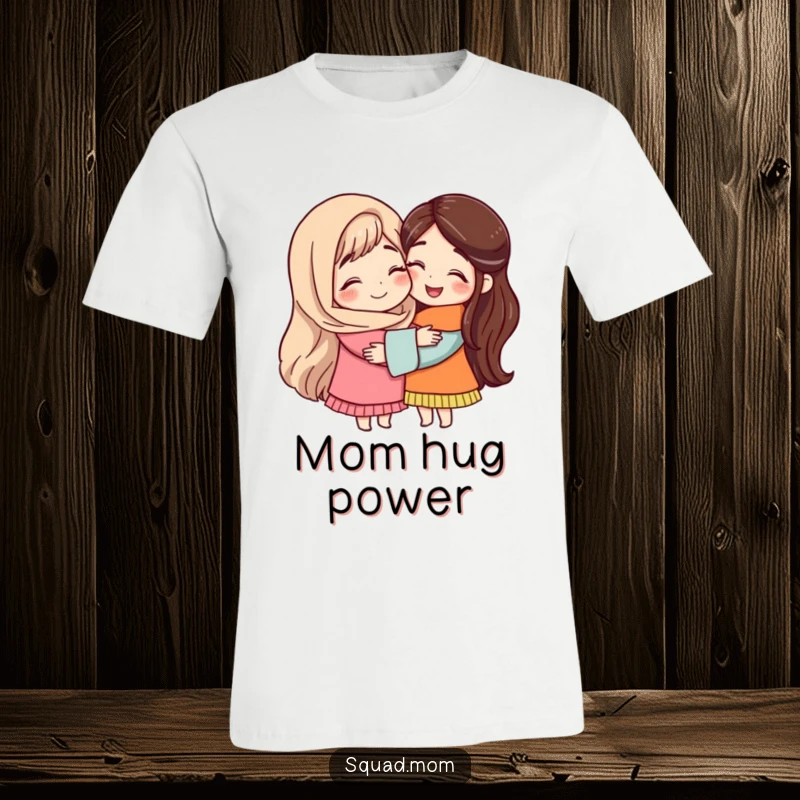 Two mom friends sharing a warm, supportive hug, designed on a soft t-shirt to celebrate their special connection.