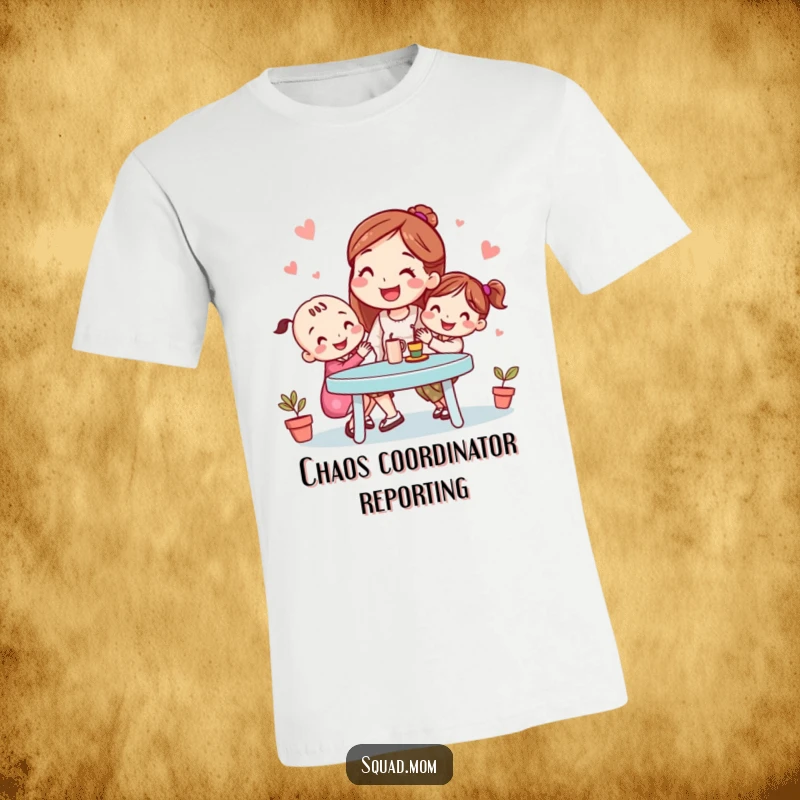 Funny t-shirt showing a smiling mom friend coordinating a playdate, embodying organized fun and the spirit of maternal planning, a great funny gift.