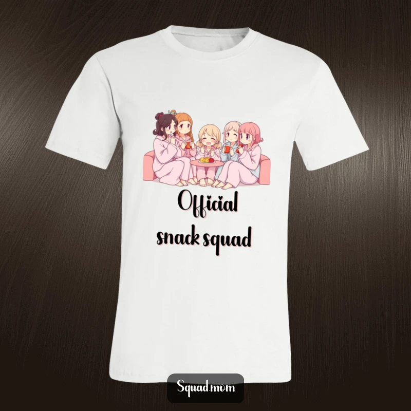 Funny t-shirt with women in comfy pajamas sharing snacks, ideal for sleepovers and casual hangouts.