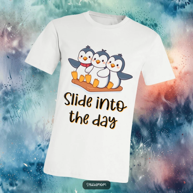 Funny penguin moms sliding down an icy hill together, printed on a soft t-shirt, perfect for casual wear and gifting.