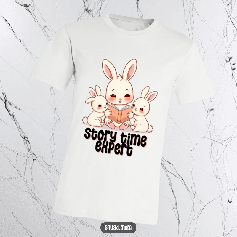 Funny rabbit mom character reading a story to her babies, depicted on a comfortable and stylish t-shirt.