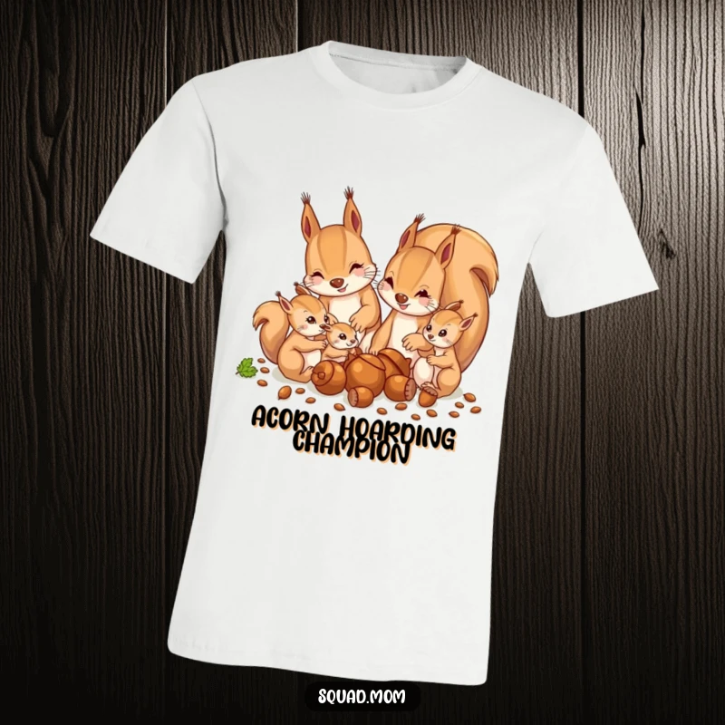 Funny graphic t-shirt of a mother squirrel and her playful babies enthusiastically collecting acorns, a humorous gift for all.