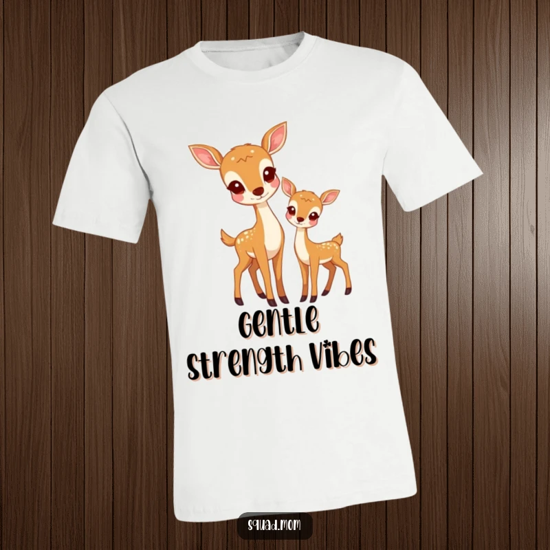 Funny t-shirt illustrating a doe and her fawn standing together peacefully in a natural setting. Serene and humorous.