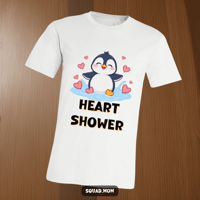Funny Penguin Heart Splash T-Shirt: A giggling penguin happily splashes in a puddle of vibrant hearts.