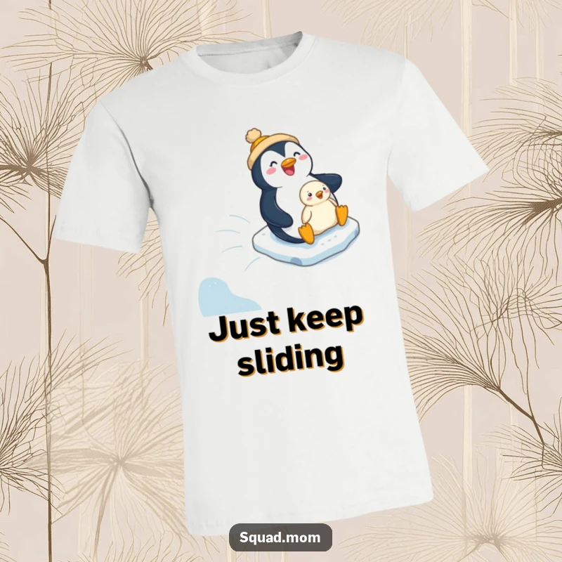 Funny penguin mom and chick joyfully sliding down an icy slope on a t-shirt, capturing playful family fun.