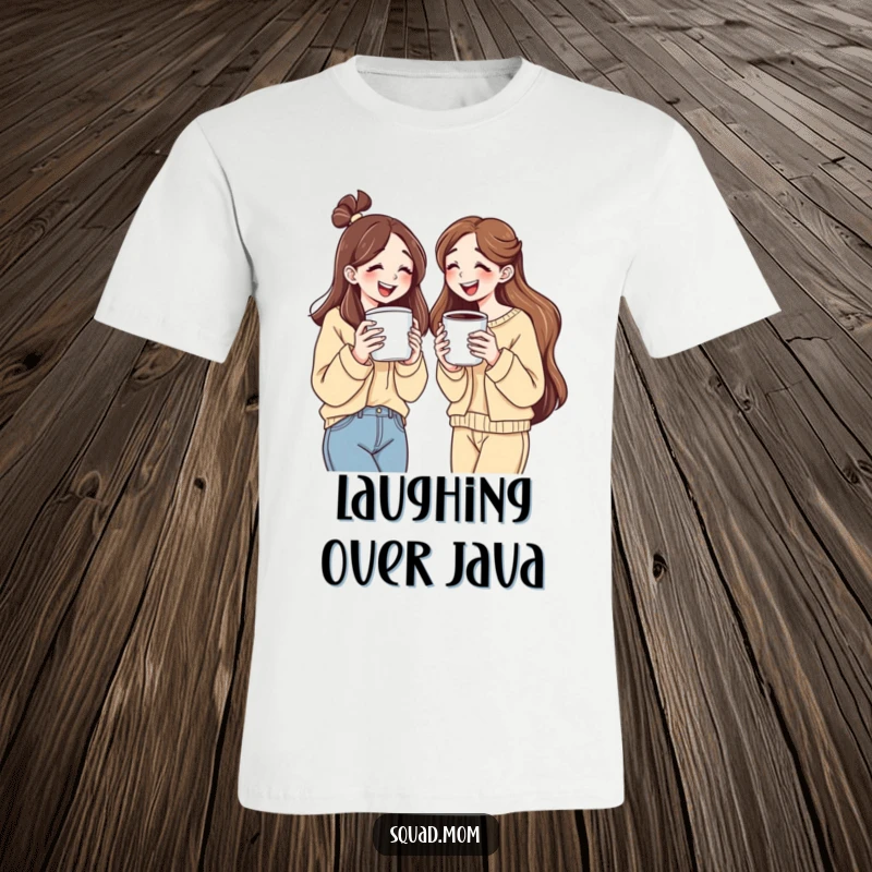 Funny t-shirt showing two women with enormous coffee cups, erupting in laughter, capturing a moment of pure joy.