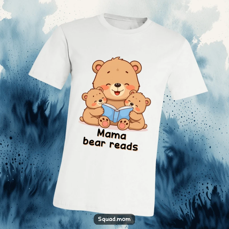 Funny Bear Mom T-Shirt: Adorable bear mom reading a story to her cubs, depicting a scene of love, comfort, and shared imagination.