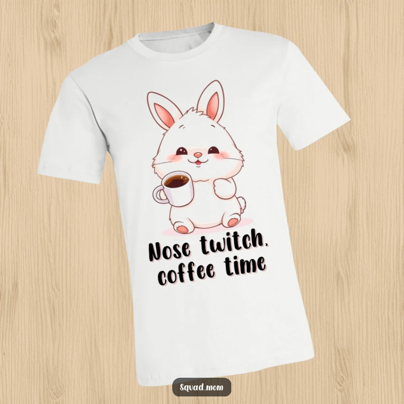 Funny fluffy bunny wiggling its nose while holding a tiny coffee cup, a cute and humorous t-shirt design for caffeine lovers.